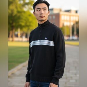 Chaps Mens Quarter Zip Sweater Size S Brown Striped Mock Neck Pullover